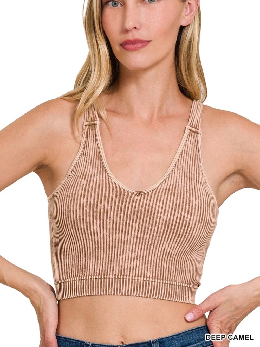 NWT Zenana Ribbed, Cropped Stone Washed V Neck, Padded Tank Top. S/M, L/XL